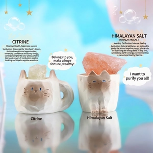 Cute ceramic cat figurines set with natural Citrine and Himalayan Salt crystals for desk decor