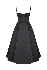 Detail of elegant black French mesh dress with sweetheart neck and A-line silhouette