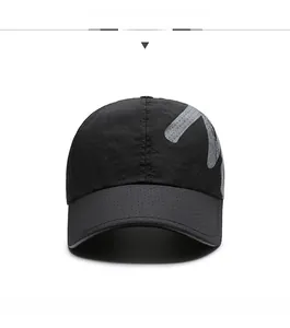 Front view of black breathable mesh outdoor sports baseball cap with reflective print