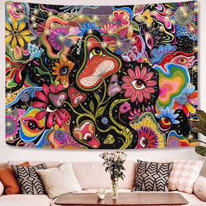 Détail d'une tapisserie de champignons psychédéliques aux couleurs néon vibrantes