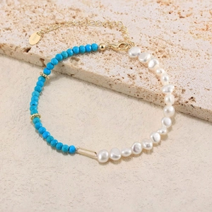 925 silver bracelet with natural freshwater pearls and blue turquoise beads
