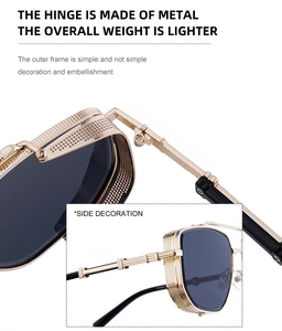 Macro detail of metal hinges and side decorations on vintage punk square sunglasses