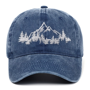 Mountain forest embroidery baseball cap in dark blue washed denim for outdoor hiking