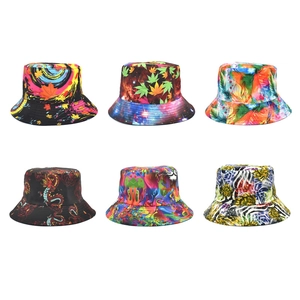Collection of six reversible printed bucket hats featuring floral and artistic patterns