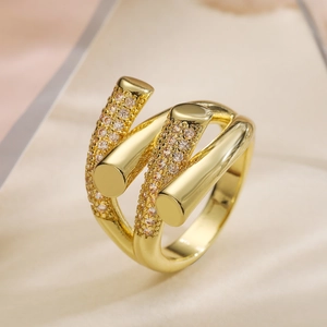 Irregular Geometric Copper Open Ring For Women Fashion Luxury Adjustable Gold Plated Zirconia Inlaid Jewelry Finger Ring Gift