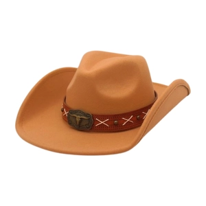Detail of khaki wool cowboy hat with retro bull head buckle and decorative leather band