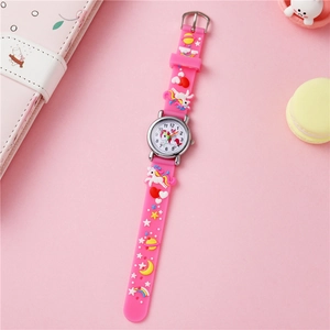 Detail of 3D unicorn and rainbow motifs on the pink silicone strap of the kids watch