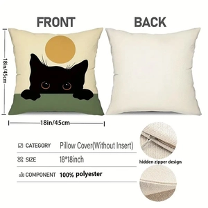 Black cat print polyester pillow cover 18x18 inch with hidden zipper and white back side