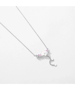 Detailed close-up of S925 silver flower necklace with pearl and pink gemstone charms