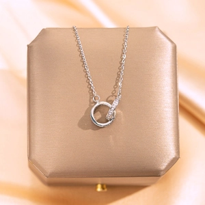 Titanium Steel Copper Zircon Double Interlocking Ring Necklace Geometric Minimalist Elegant Pendant Jewelry For Women