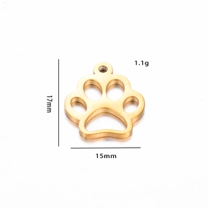 Polished gold cat paw pendant showing 17mm by 15mm dimensions and 1.1g weight details