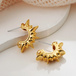 Exaggerated 18K gold sunburst C-shaped earrings with Greek vintage style for women