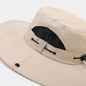 Quick-dry outdoor sun hat with breathable mesh and wide brim in beige for hiking
