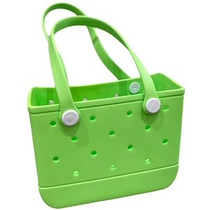Waterproof fluorescent green EVA beach tote bag with perforated holes and white buttons