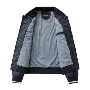 Detail view of men's lightweight jacket showing grey knit lining and hidden inner pocket