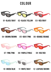 Grid view showing twelve vintage small square sunglasses in various colors and patterns