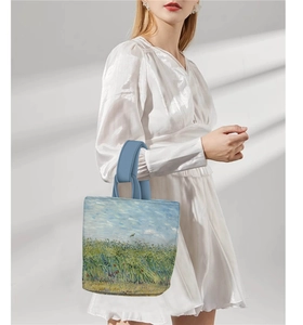 Van Gogh painting bucket bag with green wheat field and cypress design on white dress