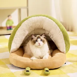 Semi-enclosed snail-shaped warm pet bed in avocado green plush for cats and small dogs