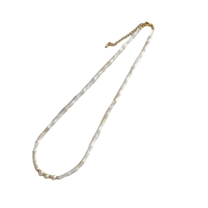 Minimalist pearl necklace with white cylinder shell beads and adjustable gold chain