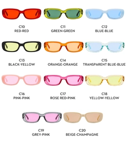 Detailed grid of rectangle sunglasses in 11 colors including red, blue and yellow