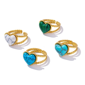 Adjustable gold twisted stainless steel heart rings with colorful stone inlays