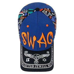 Detailed view of Swag embroidery and skull print on blue and black baseball cap