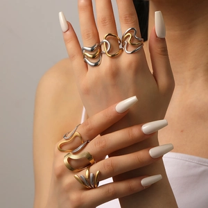 Minimalist Wave Open Rings Stainless Steel Dual-Tone Gold Silver Adjustable Geometric Jewelry For Women
