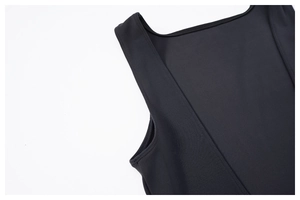 Close-up of black sleeveless sports jumpsuit featuring tight stitching and square neckline