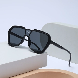 Oversized flat top wrap-around sunglasses with black frame and dark grey lenses for sports