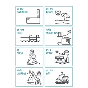 Versatile usage icons for cotton beach towel in bathroom, beach, pool, and yoga settings