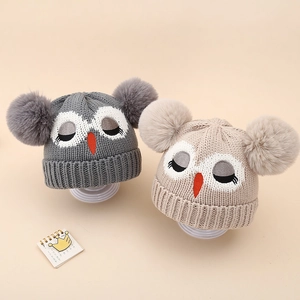 Bonnet En Tricot D'hiver Pour Enfants Pompons En Fausse Fourrure Broderie Hibou Chaud Coupe-vent Acrylique Enfants