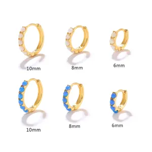 Round Opal Hoop Earrings With 925 Sterling Silver Earring Post Gold Plated Sparkly Cubic Zirconia Huggies Jewelry For Women