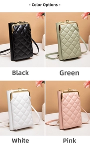 Detailed grid view of quilted crossbody phone purses in black, green, white, and pink colors