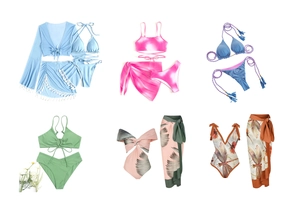 Detailed grid showing six stylish bikini sets with cover-ups and tie-dye patterns
