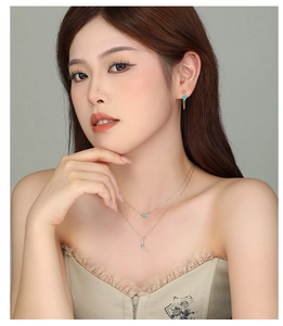 Close-up of s925 silver turquoise necklace and earrings set worn by a fashion model