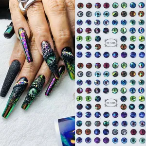 Detailed 3D dragon eye nail stickers showing realistic pupil patterns and laser holographic shine