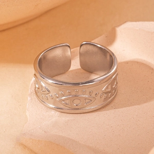 Punk vintage open stainless steel ring with engraved evil eye and dot pattern