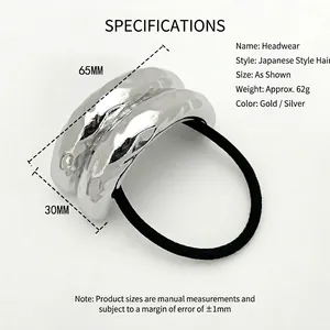 Irregular silver alloy ponytail holder with hammered texture and dimension labels
