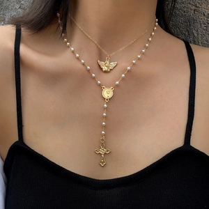 Layered Necklace Alloy Angel Pendant Faux Artificial Pearl Cross Medallion Religious Retro Bohemian Jewelry For Women