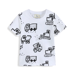 Boys Summer Short Sleeve T-Shirt 100% Cotton Breathable Cartoon Excavator Truck Print Crew Neck White Casual Kids Top