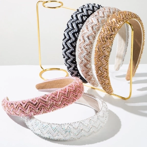 Handmade Beaded Sponge Headband For Women Korean Fashion Wide Padded Hair Band With Wave Pattern Elegant Hair Accessories