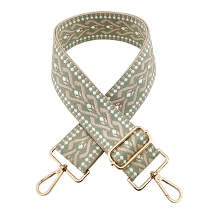 5cm green and beige geometric woven shoulder strap with gold metal hardware and clips