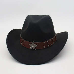 Classic black Western cowboy hat with brown studded leather band and star badge decoration
