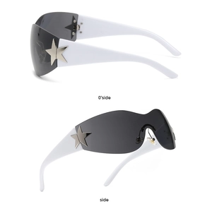 Detailed side view of Y2K rimless sunglasses with silver star decor on white background