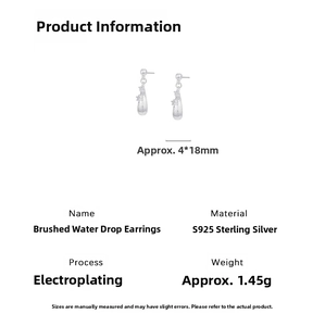 Detailed view of brushed S925 sterling silver teardrop earrings with dimensions 4x18mm