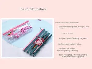 Detail view of Pink Panther transparent PVC pencil case with floral and logo prints