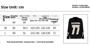 Detailed size chart for oversized street style sweatshirt with specific garment measurements