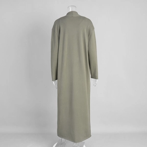 Back view of ankle-length olive green knitted cardigan and dress set for women