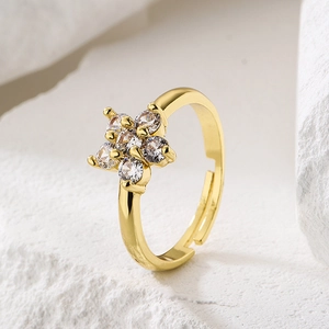 Fashion Elegant Flower Geometric Adjustable Open Ring Copper 18K Gold Plated Zircon Inlaid Delicate Jewelry For Women