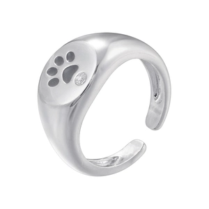 Detailed view of silver bear paw ring featuring a small diamond and open adjustable band
